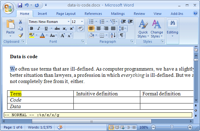 vi vim within word 2007